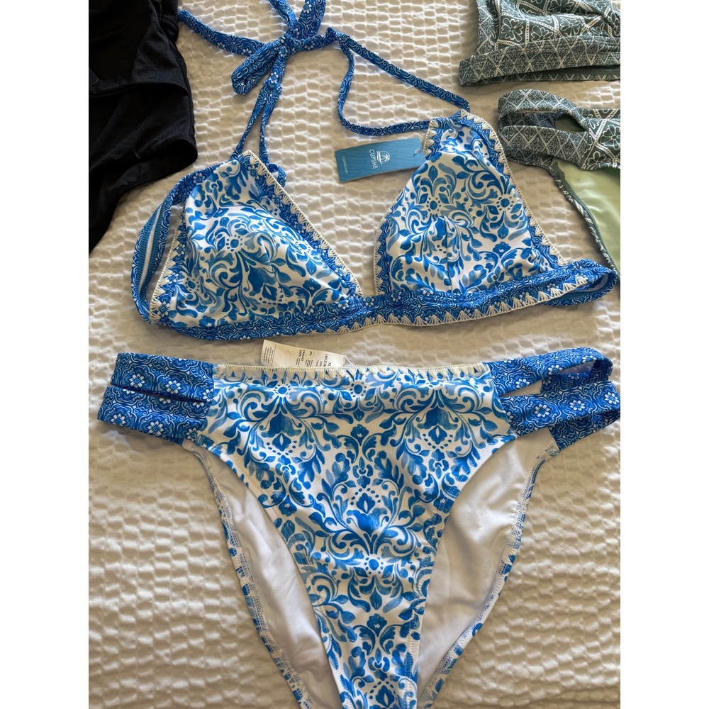 Cupshe Boho Shell Stitch Halter Bikini Top Cheeky Bottoms Set Blue XL NWT